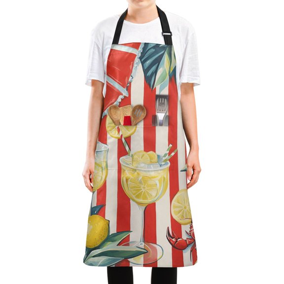 Yayeee Chief Kitchen Apron with Pockets for Cooking Water Resistant Unisex Adjustable Neck Strap, White Striped Lemon