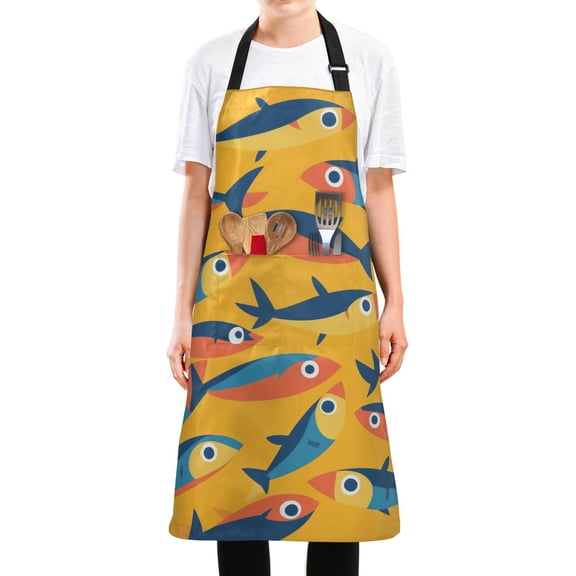 Yayeee Chief Kitchen Apron with Pockets for Cooking Water Resistant Unisex Adjustable Neck Strap, Yellow Sardines Pattern