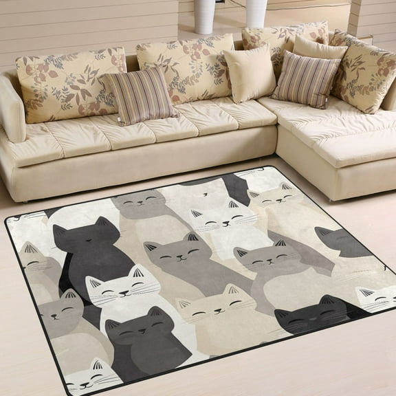 Yayeee Area Rugs for Living Room 5.2'x4' Non Slip Washable Bedroom Floor Carpet, Beige Cute Cats