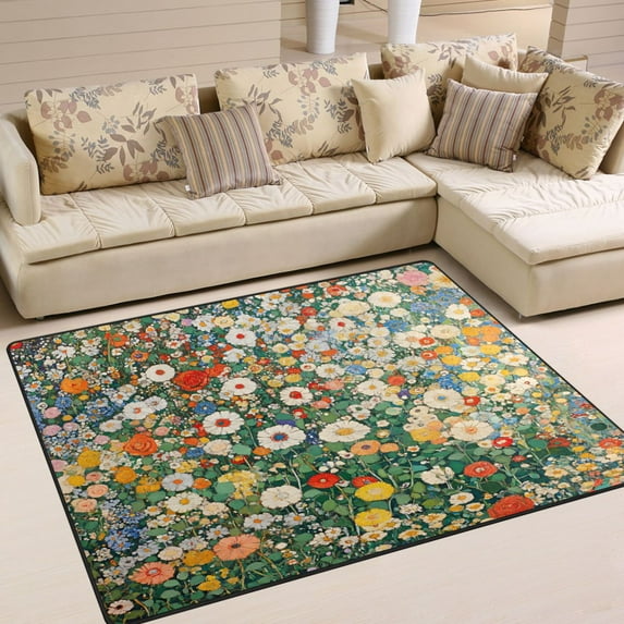 Yayeee Area Rugs for Living Room 5.2'x4' Non Slip Washable Bedroom Floor Carpet, Beige Floral Garden