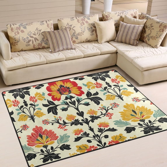 Yayeee Area Rugs for Living Room 5.2'x4' Indoor Non Slip Washable Bedroom Carpet, Beige Floral
