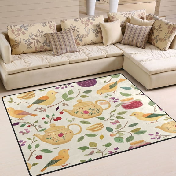 Yayeee Area Rugs for Living Room 5.2'x4' Non Slip Washable Bedroom Floor Carpet, Birds Tea Time