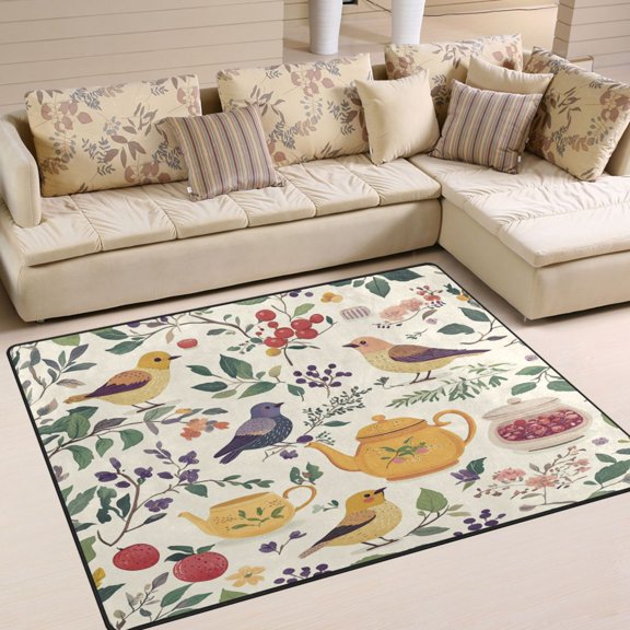 Yayeee Area Rugs for Living Room 5.2'x4' Non Slip Washable Bedroom Floor Carpet, Birds and Teapots