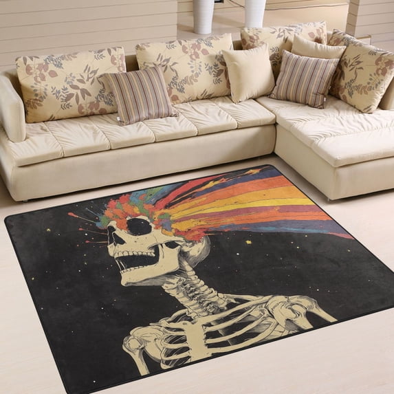 Yayeee Area Rugs for Living Room 5.2'x4' Indoor Non Slip Washable Bedroom Carpet, Black Skeleton