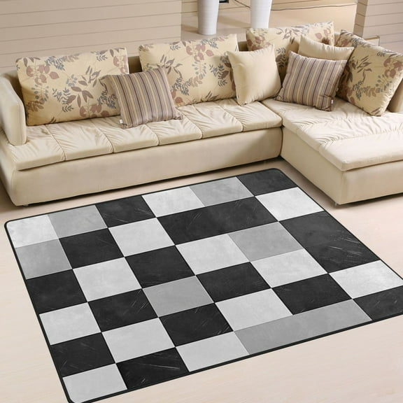 Yayeee Area Rugs for Living Room 5.2'x4' Indoor Non Slip Washable Bedroom Carpet, Black and Grey Plaid Pattern