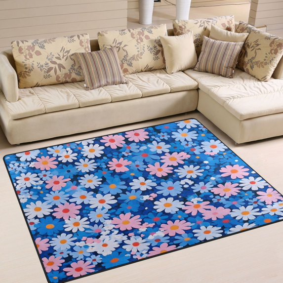 Yayeee Area Rugs for Living Room 5.2'x4' Non Slip Washable Bedroom Floor Carpet, Blue Daisy