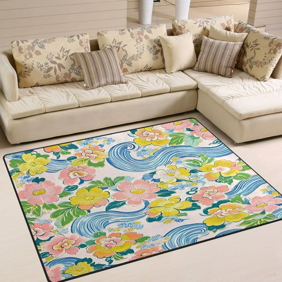 Yayeee Area Rugs for Living Room 5.2'x4' Non Slip Washable Bedroom Floor Carpet, Blue Floral Wave