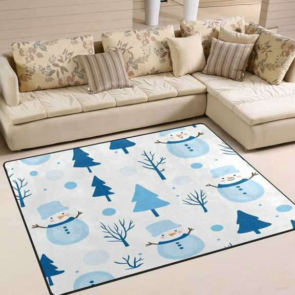 Yayeee Area Rugs for Living Room 5.2'x4' Non Slip Washable Bedroom Floor Carpet, Blue Simple Cartoon Snowmen