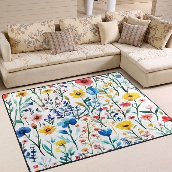 Yayeee Area Rugs for Living Room 5.2'x4' Non Slip Washable Bedroom Floor Carpet, Blue Wildflower Pattern