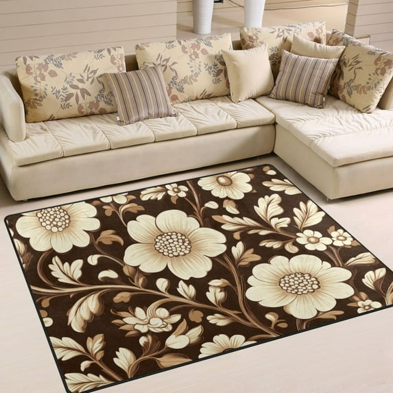 Yayeee Area Rugs for Living Room 5.2'x4' Indoor Non Slip Washable Bedroom Carpet, Brown Floral