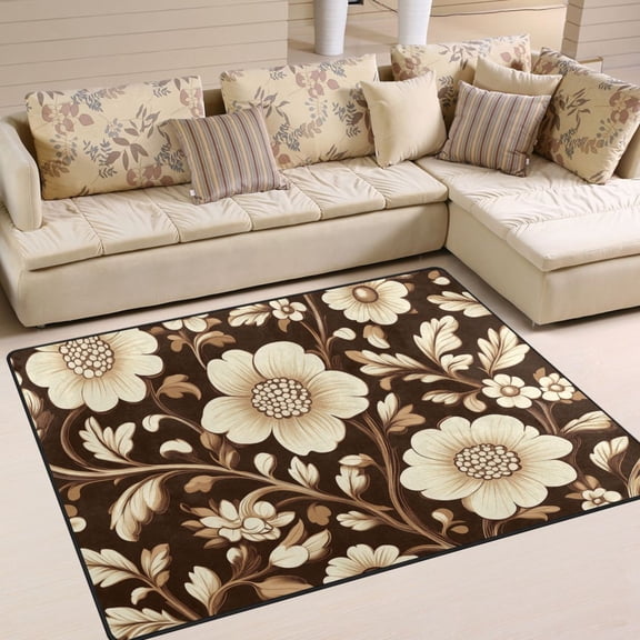 Yayeee Area Rugs for Living Room 5.2'x4' Indoor Non Slip Washable Bedroom Carpet, Brown Floral