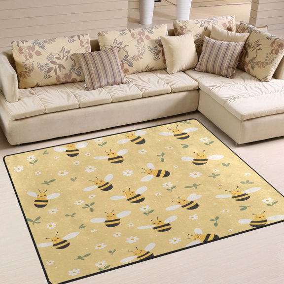 Yayeee Area Rugs for Living Room 5.2'x4' Non Slip Washable Bedroom Floor Carpet, Cute Bee Pattern