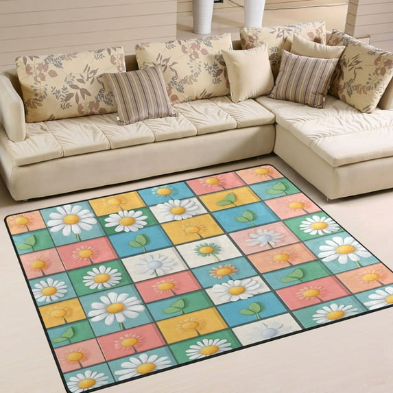 Yayeee Area Rugs for Living Room 5.2'x4' Non Slip Washable Bedroom Floor Carpet, Daisy Mosaic