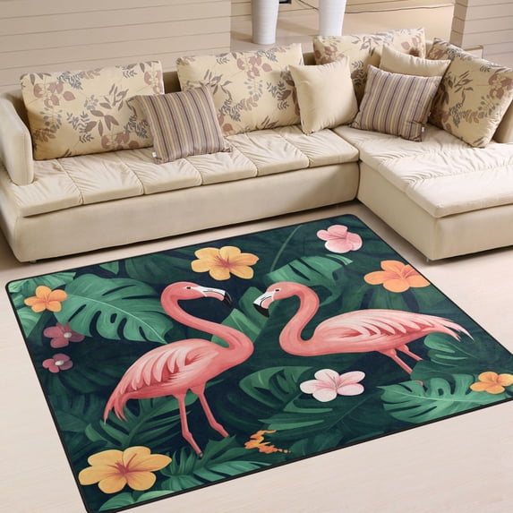 Yayeee Area Rugs for Living Room 5.2'x4' Non Slip Washable Bedroom Floor Carpet, Flamingo Leaves Pattern