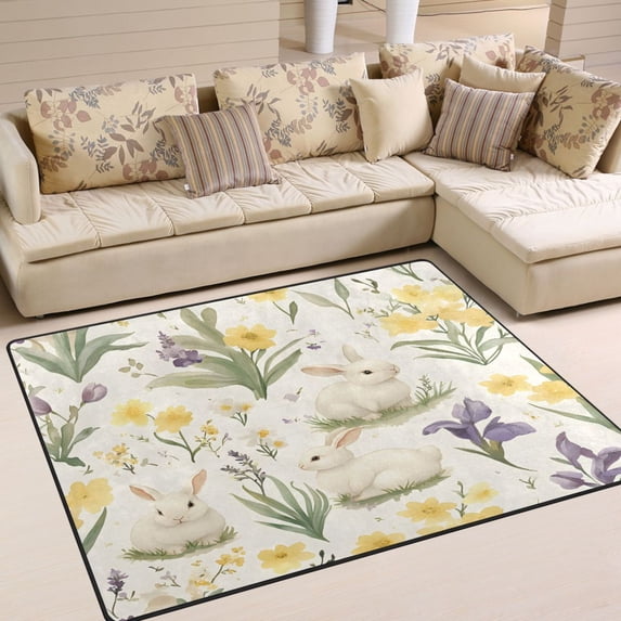 Yayeee Area Rugs for Living Room 5.2'x4' Non Slip Washable Bedroom Floor Carpet, Floral Rabbit
