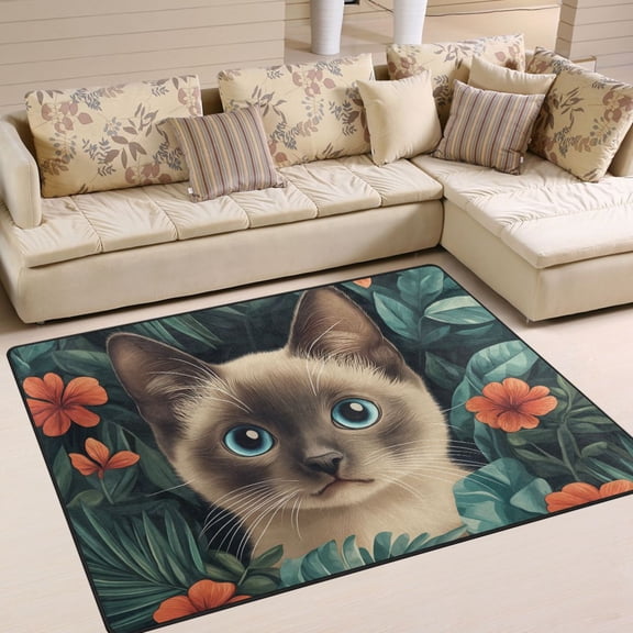 Yayeee Area Rugs for Living Room 5.2'x4' Indoor Non Slip Washable Bedroom Carpet, Flowers and Cat