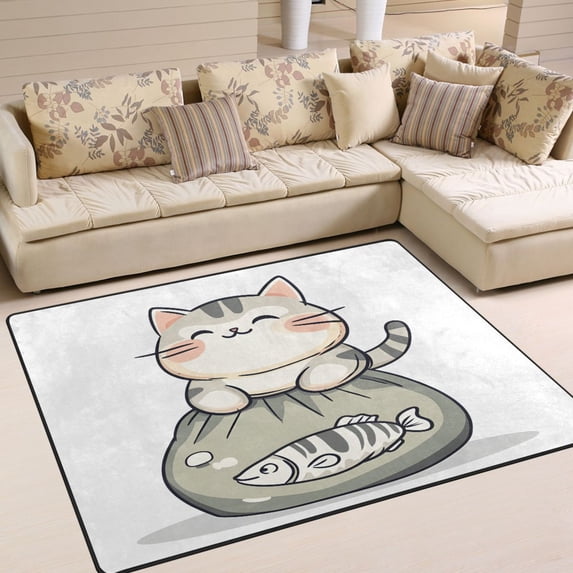 Yayeee Area Rugs for Living Room 5.2'x4' Non Slip Washable Bedroom Floor Carpet, Green Cute Cat