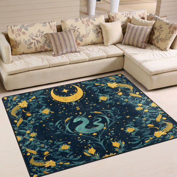 Yayeee Area Rugs for Living Room 5.2'x4' Non Slip Washable Bedroom Floor Carpet, Green Dragon Flowers