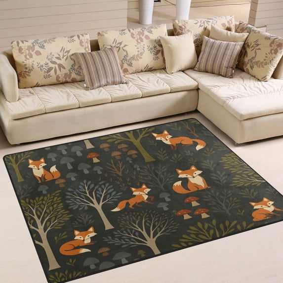 Yayeee Area Rugs for Living Room 5.2'x4' Non Slip Washable Bedroom Floor Carpet, Green Forest Fox Pattern