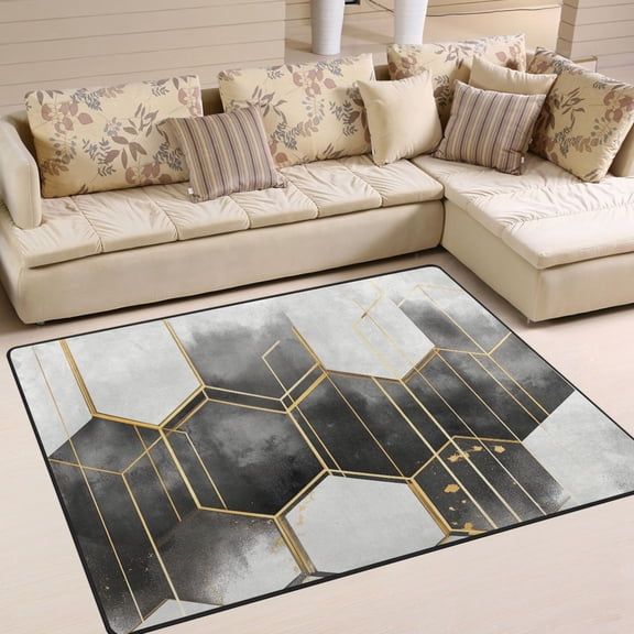 Yayeee Area Rugs for Living Room 5.2'x4' Indoor Non Slip Washable Bedroom Carpet, Grey Hexagons