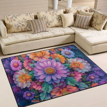 Yayeee Area Rugs for Living Room 5.2'x4' Non Slip Washable Bedroom Floor Carpet, Light Purple Flowers