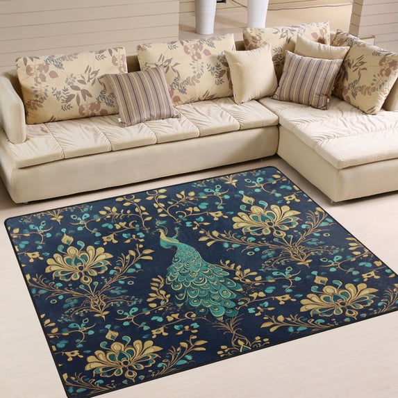 Yayeee Area Rugs for Living Room 5.2'x4' Non Slip Washable Bedroom Floor Carpet, Navy Blue Peacock Pattern