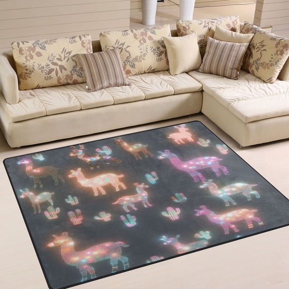 Yayeee Area Rugs for Living Room 5.2'x4' Non Slip Washable Bedroom Floor Carpet, Neon Llamas Pattern