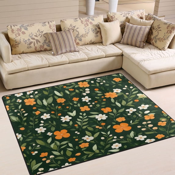 Yayeee Area Rugs for Living Room 5.2'x4' Non Slip Washable Bedroom Floor Carpet, Orange Flowers