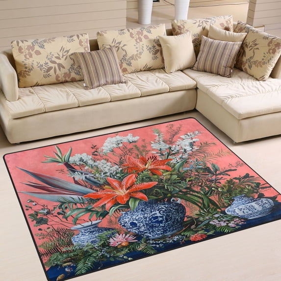Yayeee Area Rugs for Living Room 5.2'x4' Non Slip Washable Bedroom Floor Carpet, Orange Vibrant Flowers