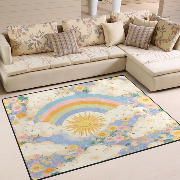 Yayeee Area Rugs for Living Room 5.2'x4' Non Slip Washable Bedroom Floor Carpet, Purple Rainbow Clouds