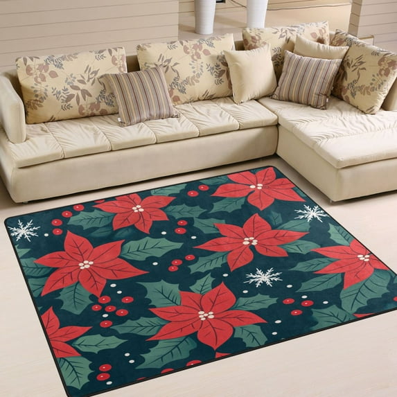 Yayeee Area Rugs for Living Room 5.2'x4' Non Slip Washable Bedroom Floor Carpet, Red Christmas Leaves