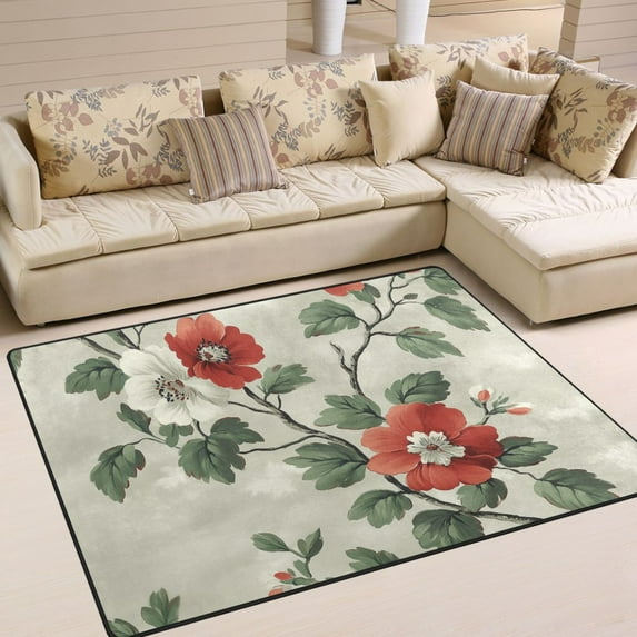 Yayeee Area Rugs for Living Room 5.2'x4' Indoor Non Slip Washable Bedroom Carpet, Red Floral Pattern