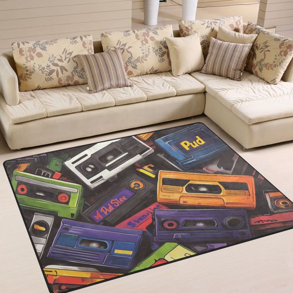Yayeee Area Rugs for Living Room 5.2'x4' Indoor Non Slip Washable Bedroom Carpet, Retro Cassette Pattern