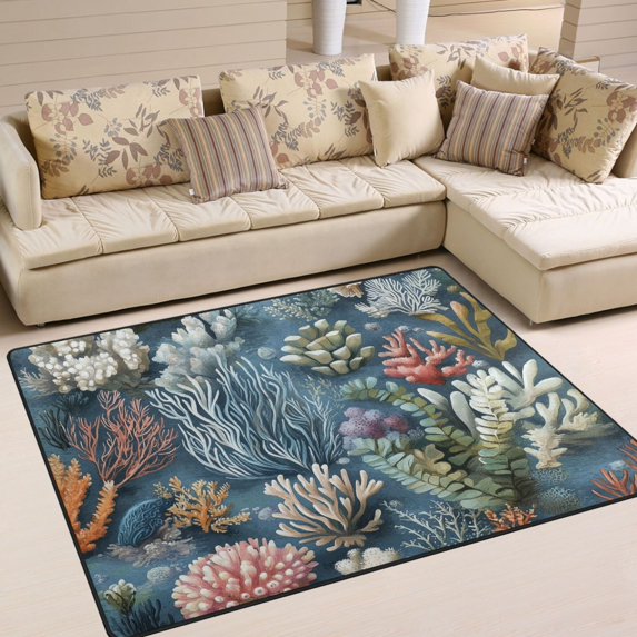 Yayeee Area Rugs for Living Room 5.2'x4' Indoor Non Slip Washable Bedroom Carpet, Sea Plants Pattern