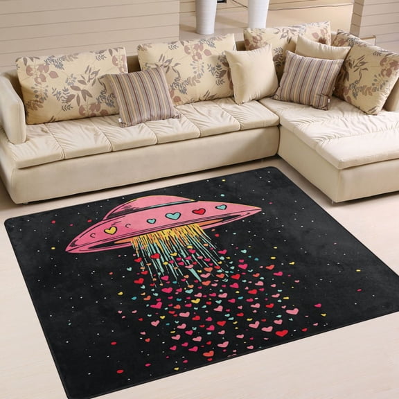 Yayeee Area Rugs for Living Room 5.2'x4' Non Slip Washable Bedroom Floor Carpet, UFO with Hearts Pattern