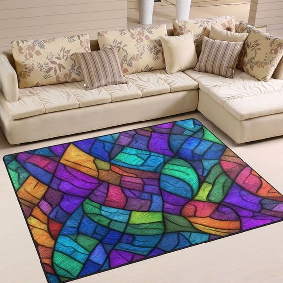 Yayeee Area Rugs for Living Room 5.2'x4' Non Slip Washable Bedroom Floor Carpet, Vibrant Stained Glass Pattern