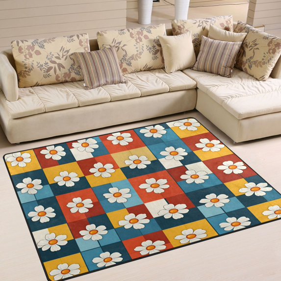 Yayeee Area Rugs for Living Room 5.2'x4' Non Slip Washable Bedroom Floor Carpet, Yellow Checkered Daisy