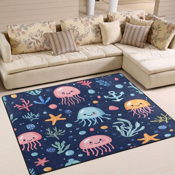 Yayeee Area Rugs for Living Room 5.2'x4' Non Slip Washable Bedroom Floor Carpet, Yellow Jellyfish