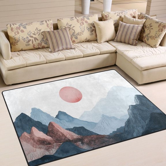 Yayeee Area Rugs for Living Room 6.7'x4.8' Indoor Non Slip Washable Bedroom Carpet, Art Mountain and Sun Pattern