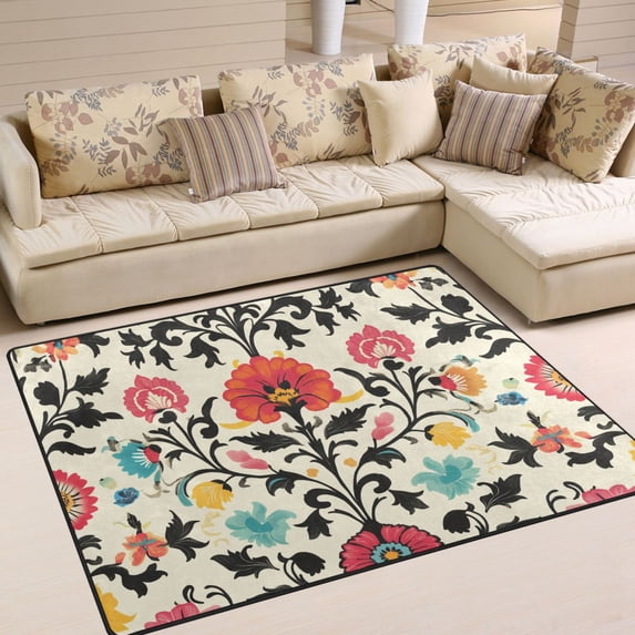 Yayeee Area Rugs for Living Room 6.7'x4.8' Indoor Non Slip Washable Bedroom Carpet, Beige Red Floral