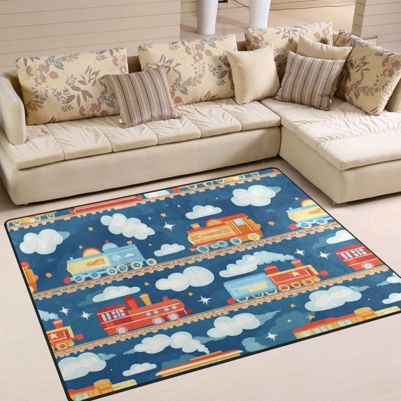 Yayeee Area Rugs for Living Room 6.7'x4.8' Non Slip Washable Bedroom Floor Carpet, Blue Cute Train Pattern