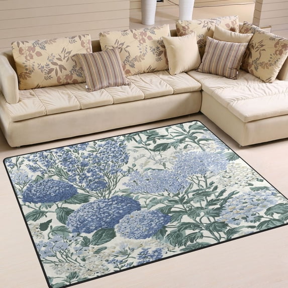 Yayeee Area Rugs for Living Room 6.7'x4.8' Non Slip Washable Bedroom Floor Carpet, Blue Hydrangeas Pattern