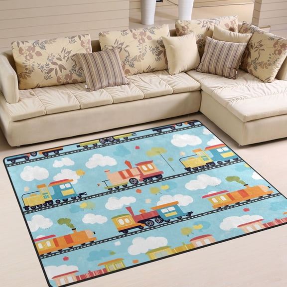 Yayeee Area Rugs for Living Room 6.7'x4.8' Non Slip Washable Bedroom Floor Carpet, Cartoon Train Pattern