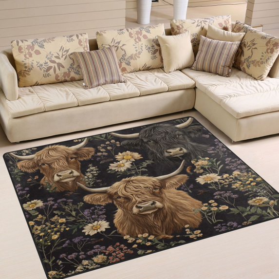 Yayeee Area Rugs for Living Room 6.7'x4.8' Non Slip Washable Bedroom Floor Carpet, Cows and Flowers