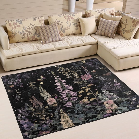 Yayeee Area Rugs for Living Room 6.7'x4.8' Non Slip Washable Bedroom Floor Carpet, Dark Flowers Pattern