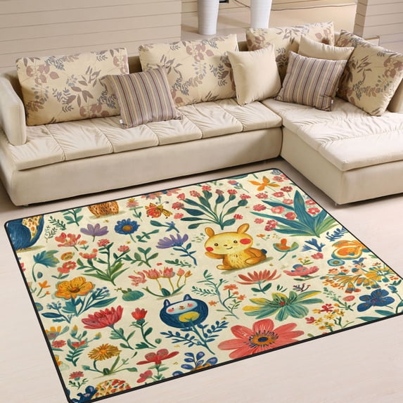 Yayeee Area Rugs for Living Room 6.7'x4.8' Non Slip Washable Bedroom Floor Carpet, Floral Animals