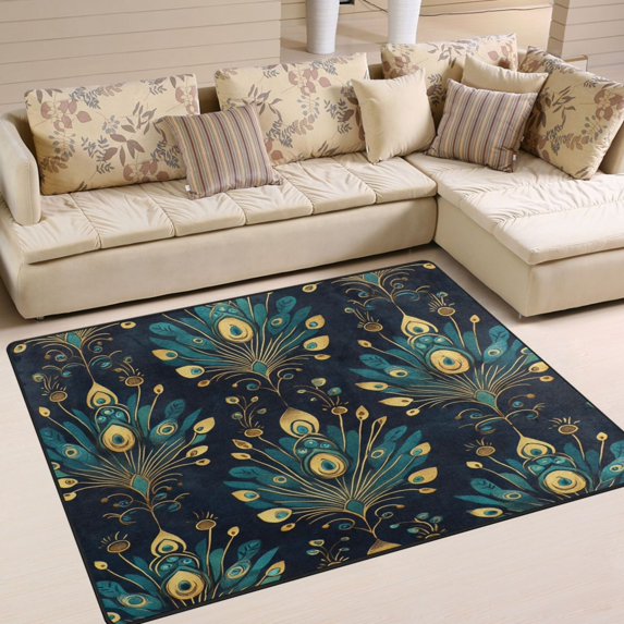 Yayeee Area Rugs for Living Room 6.7'x4.8' Non Slip Washable Bedroom Floor Carpet, Gold Peacock Pattern