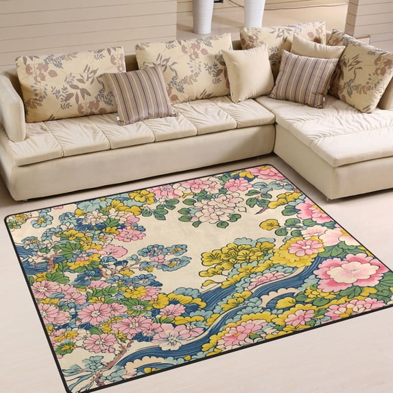 Yayeee Area Rugs for Living Room 6.7'x4.8' Non Slip Washable Bedroom Floor Carpet, Pink Floral Wave