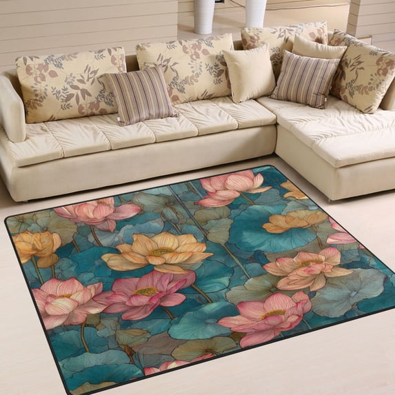 Yayeee Area Rugs for Living Room 6.7'x4.8' Non Slip Washable Bedroom Floor Carpet, Pink Water Lilies Pattern