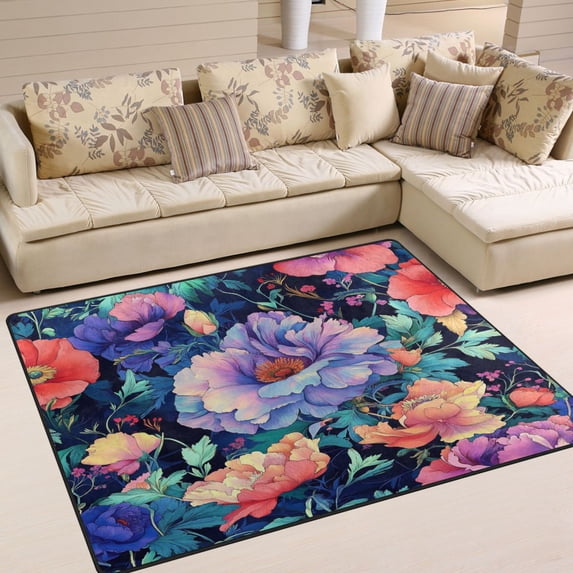 Yayeee Area Rugs for Living Room 6.7'x4.8' Non Slip Washable Bedroom Floor Carpet, Puprle Ethereal Floral Harmony